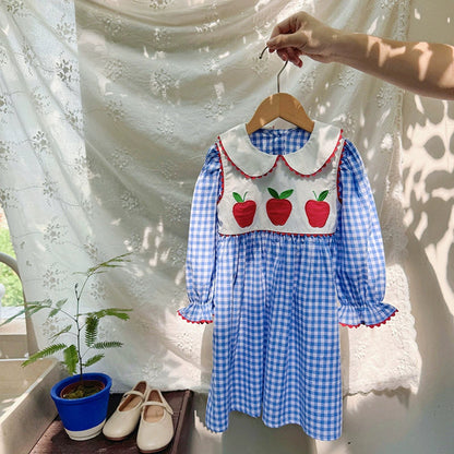 MyKids-USA® Girls Apples and Plaid Pattern Long Sleeves Dress