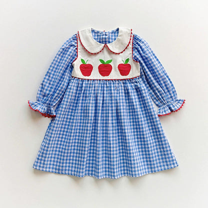 MyKids-USA® Girls Apples and Plaid Pattern Long Sleeves Dress