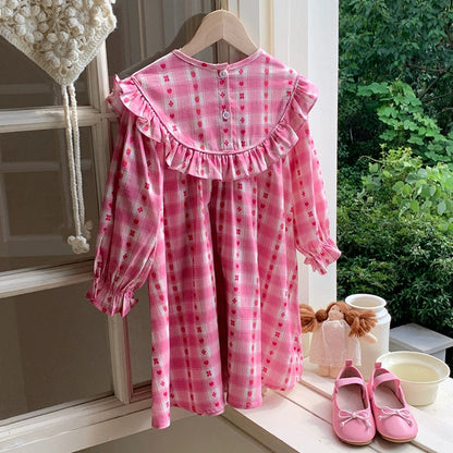 MyKids-USA® Girls Strawberry and Plaid Pattern Long Sleeves Dress