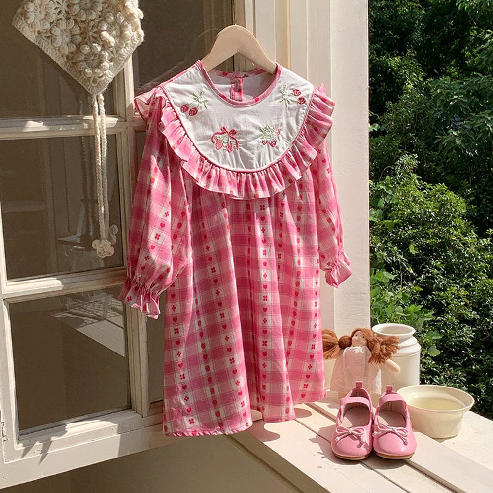 MyKids-USA® Girls Strawberry and Plaid Pattern Long Sleeves Dress