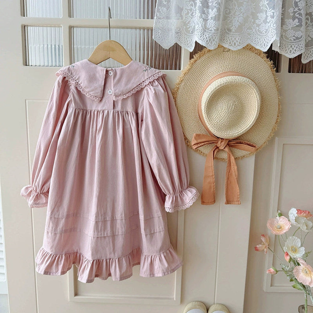 MyKids-USA® Girls French Flowers Embroidered Pattern Long Sleeves Dress
