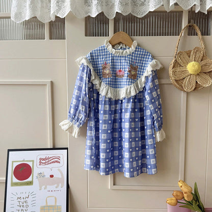 MyKids-USA® Girls Teddy Bear and Plaid Pattern Long Sleeves Dress