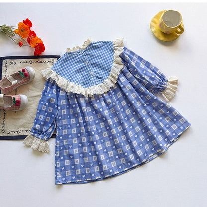 MyKids-USA® Girls Teddy Bear and Plaid Pattern Long Sleeves Dress