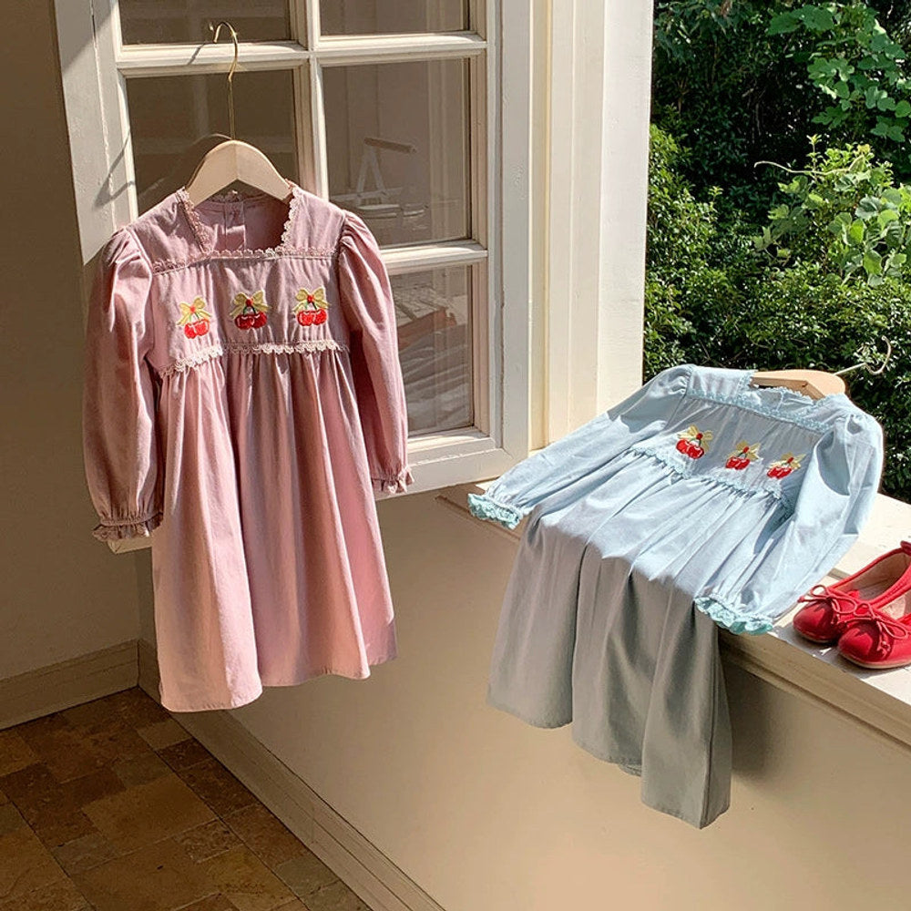 MyKids-USA® Baby Kids Girls Cherry Embroidered Pattern Long Sleeves Dress