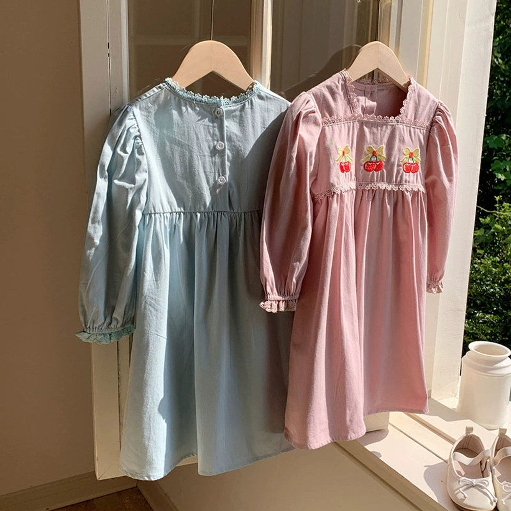 MyKids-USA® Baby Kids Girls Cherry Embroidered Pattern Long Sleeves Dress
