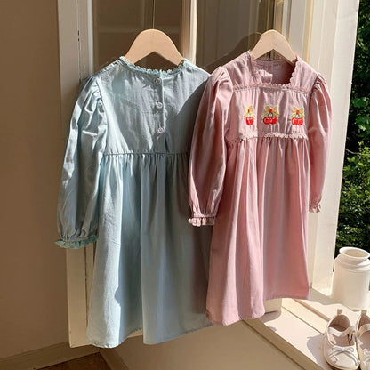 MyKids-USA® Baby Kids Girls Cherry Embroidered Pattern Long Sleeves Dress