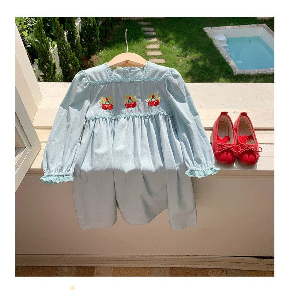MyKids-USA® Baby Kids Girls Cherry Embroidered Pattern Long Sleeves Dress