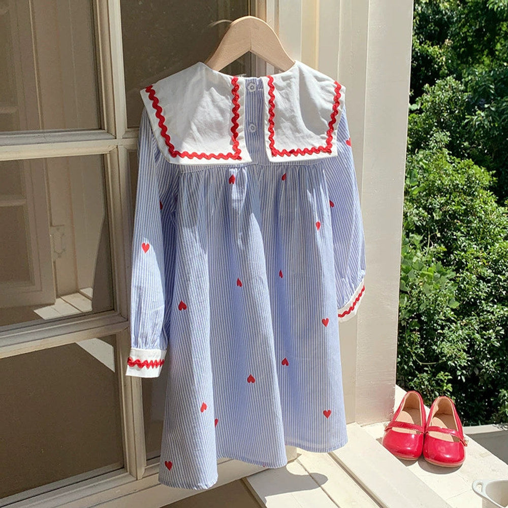 MyKids-USA® Baby Kids Girls Striped and Hearts Pattern Long Sleeves Dress