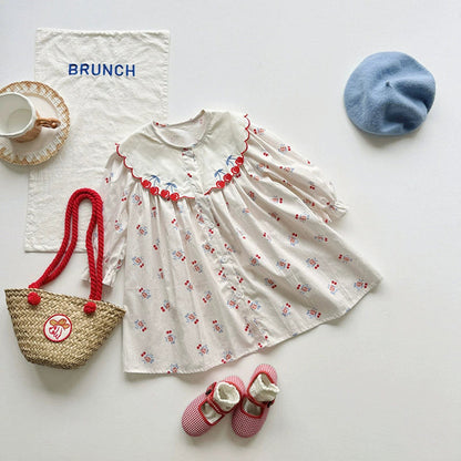 Autumn Arrival Baby Kids Girls Cherry and Floral Pattern Long Sleeves Single Breasted Dress