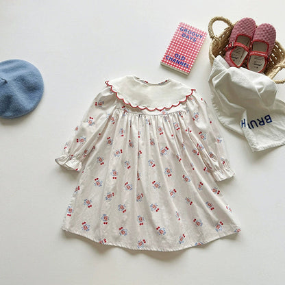 Autumn Arrival Baby Kids Girls Cherry and Floral Pattern Long Sleeves Single Breasted Dress