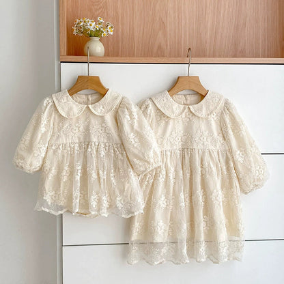 MyKids-USA® Baby Girls Flowers Pattern Long-sleeved bodysuit and Dress – Princess Sister Matching Set with Collar