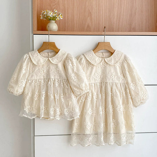 MyKids-USA® Baby Girls Flowers Pattern Long-sleeved bodysuit and Dress – Princess Sister Matching Set with Collar