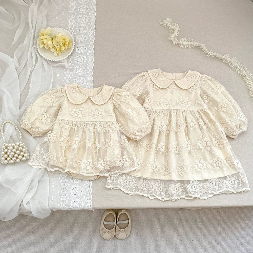 MyKids-USA® Baby Girls Flowers Pattern Long-sleeved bodysuit and Dress – Princess Sister Matching Set with Collar