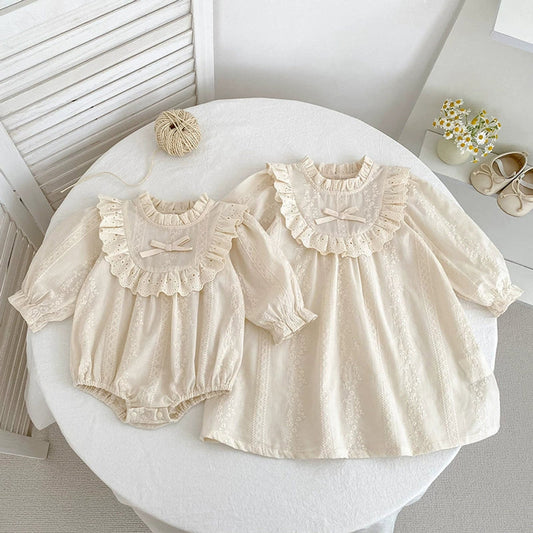 MyKids-USA® Baby Girls Flowers Pattern Long-sleeved bodysuit and Dress – Princess Sister Matching Set