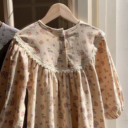 MyKids-USA® Baby Kids Girls Vintage Flowers Pattern Long Sleeves Crew Neck Dress