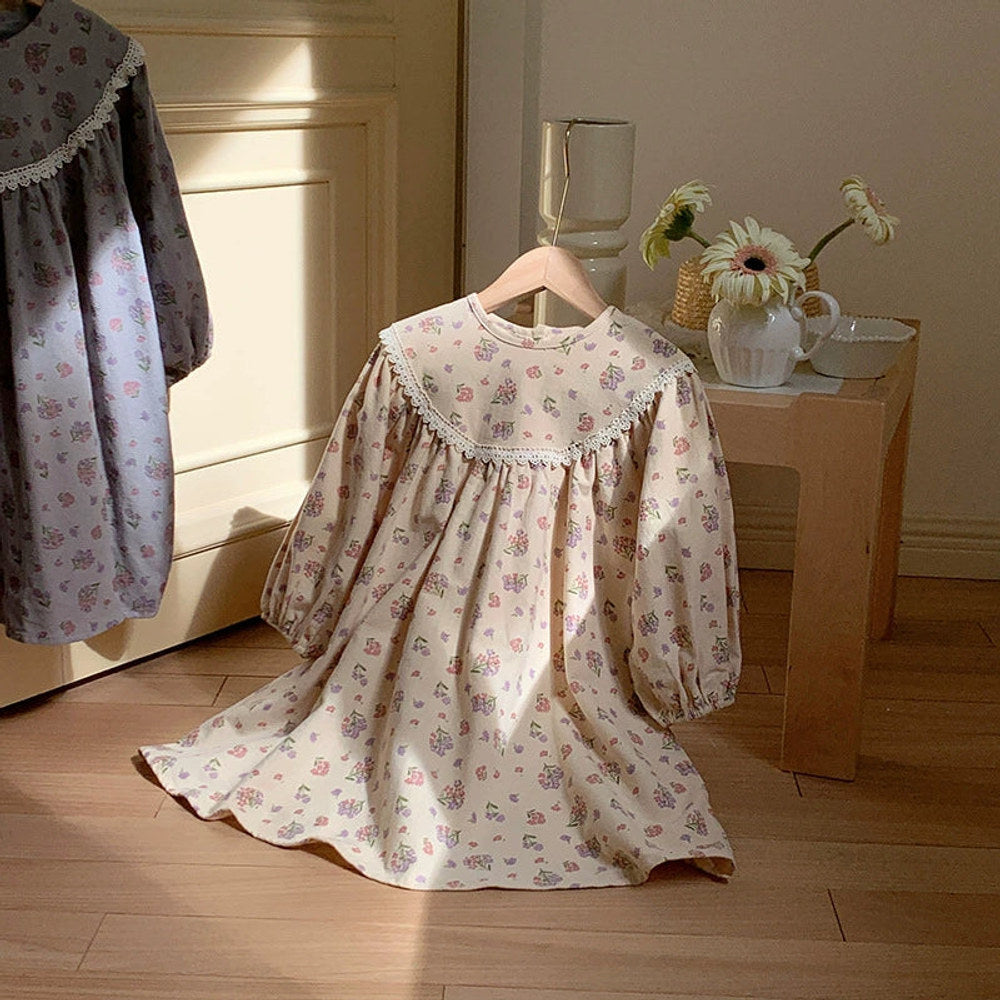 MyKids-USA® Baby Kids Girls Vintage Flowers Pattern Long Sleeves Crew Neck Dress
