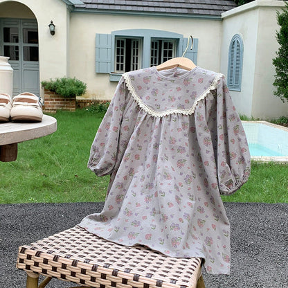 MyKids-USA® Baby Kids Girls Vintage Flowers Pattern Long Sleeves Crew Neck Dress