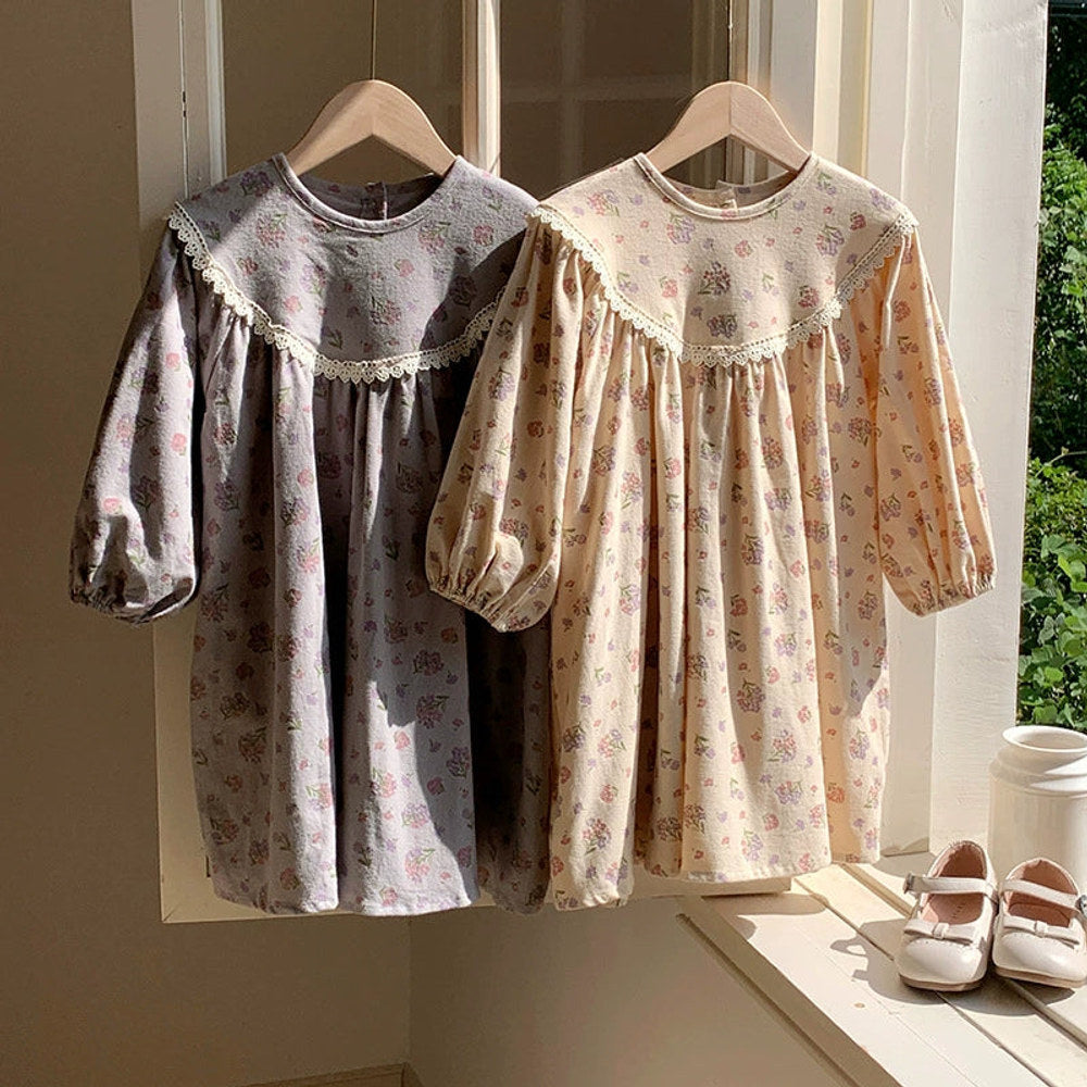 MyKids-USA® Baby Kids Girls Vintage Flowers Pattern Long Sleeves Crew Neck Dress