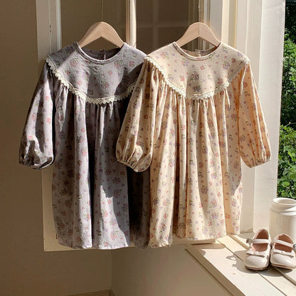 MyKids-USA® Baby Kids Girls Vintage Flowers Pattern Long Sleeves Crew Neck Dress