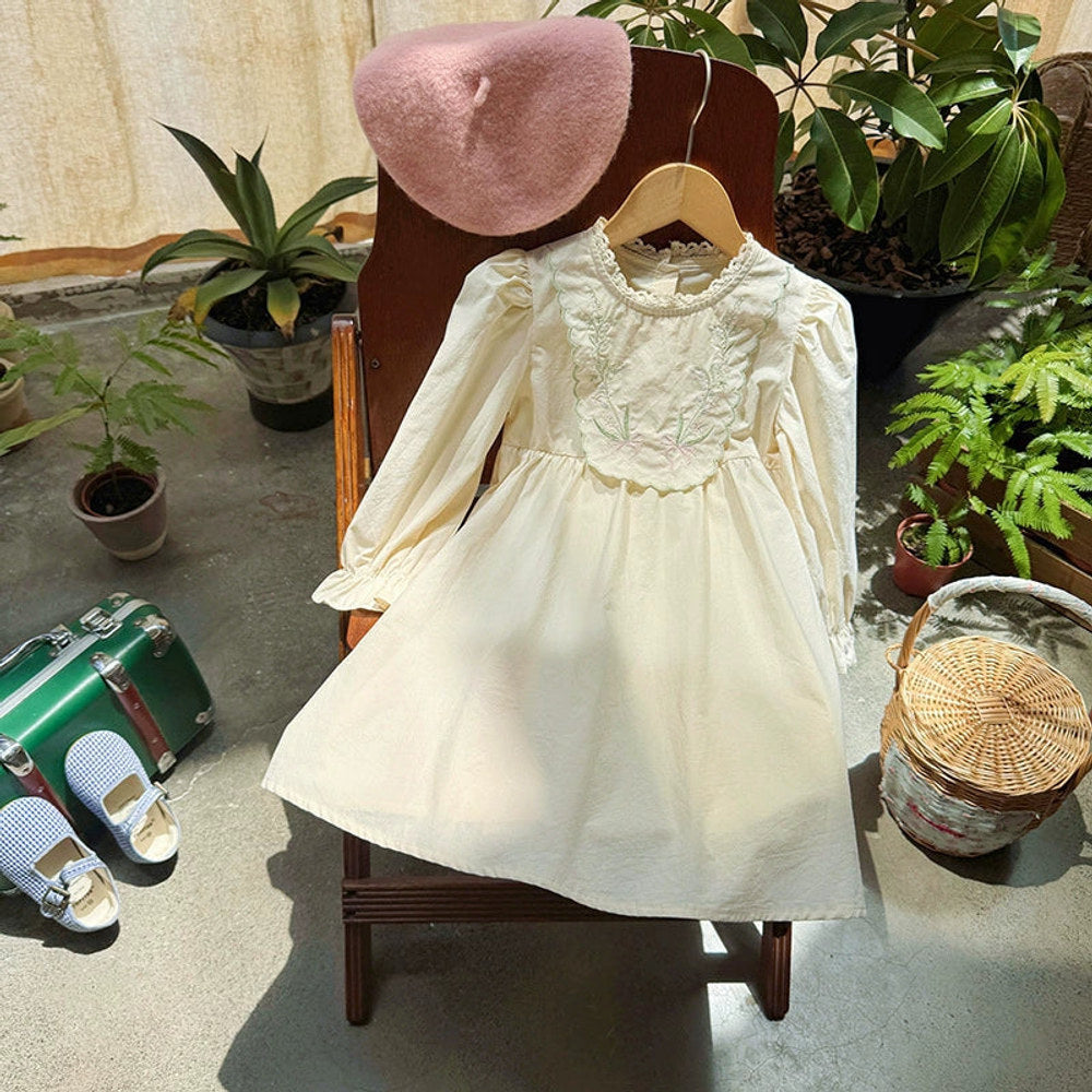 MyKids-USA® Baby Kids Girls Flowers Embroidery Pattern Long Sleeves Lace Trim Decorated Dress