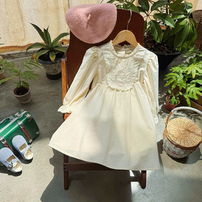 MyKids-USA® Baby Kids Girls Flowers Embroidery Pattern Long Sleeves Lace Trim Decorated Dress