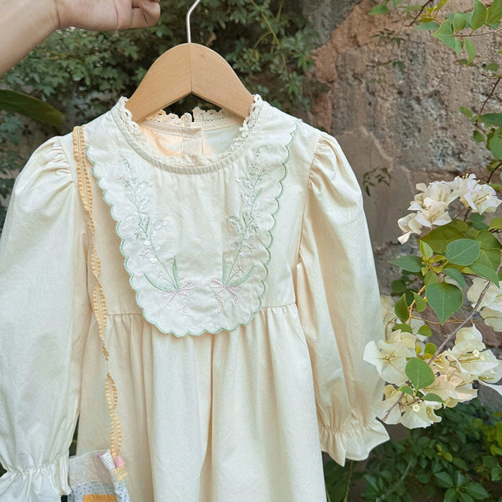 MyKids-USA® Baby Kids Girls Flowers Embroidery Pattern Long Sleeves Lace Trim Decorated Dress