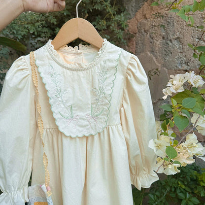 MyKids-USA® Baby Kids Girls Flowers Embroidery Pattern Long Sleeves Lace Trim Decorated Dress