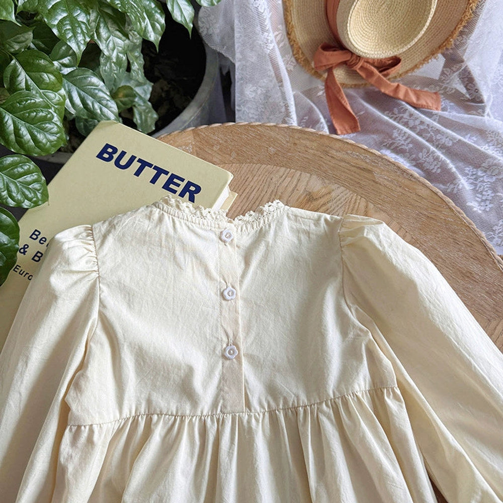 MyKids-USA® Baby Kids Girls Flowers Embroidery Pattern Long Sleeves Lace Trim Decorated Dress