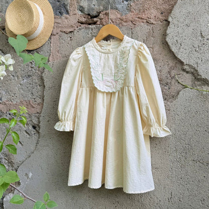 MyKids-USA® Baby Kids Girls Flowers Embroidery Pattern Long Sleeves Lace Trim Decorated Dress