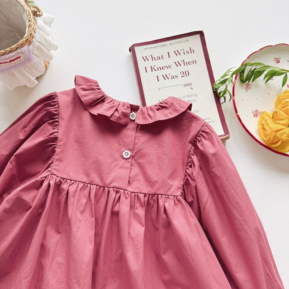 MyKids-USA® Baby Kids Girls Cherry Embroidery Pattern Long Sleeves Ruffle Collar Dress
