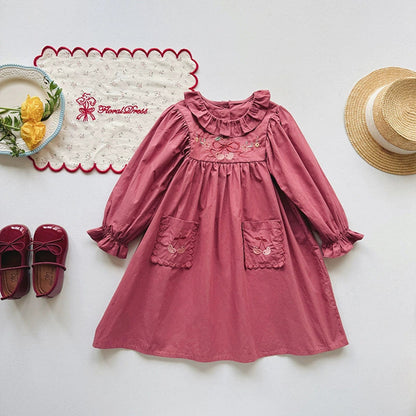 MyKids-USA® Baby Kids Girls Cherry Embroidery Pattern Long Sleeves Ruffle Collar Dress
