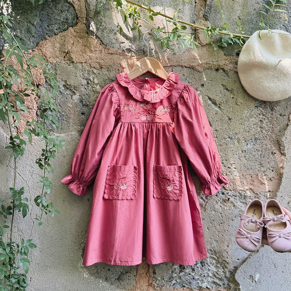 MyKids-USA® Baby Kids Girls Cherry Embroidery Pattern Long Sleeves Ruffle Collar Dress