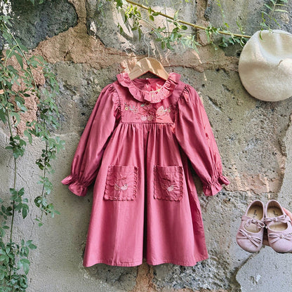 MyKids-USA® Baby Kids Girls Cherry Embroidery Pattern Long Sleeves Ruffle Collar Dress