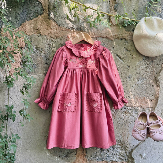 MyKids-USA® Autumn Arrival Baby Kids Girls Cherry Embroidery Pattern Long Sleeves Ruffle Collar Dress
