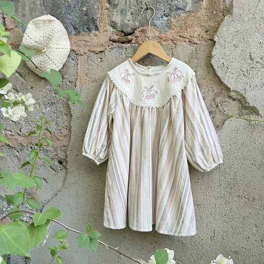 MyKids-USA® Autumn Arrival Baby Kids Girls Cherry Embroidery Pattern Long Sleeves Striped Dress