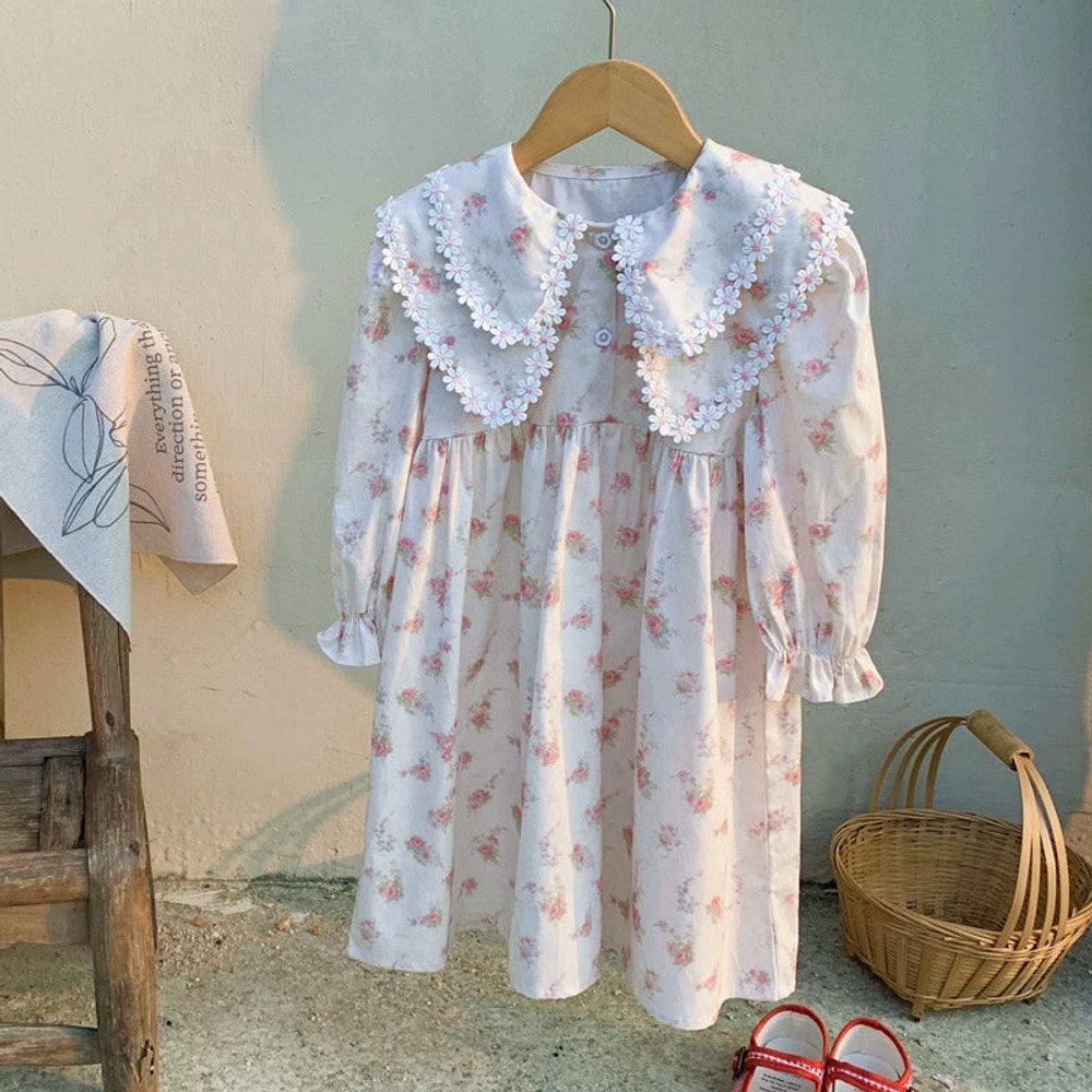 MyKids-USA® Baby Kids Girls Floral Pattern Long Sleeves Dress with Double-Layer Collar
