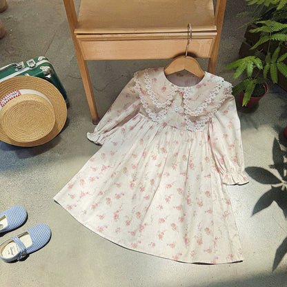 MyKids-USA® Baby Kids Girls Floral Pattern Long Sleeves Dress with Double-Layer Collar