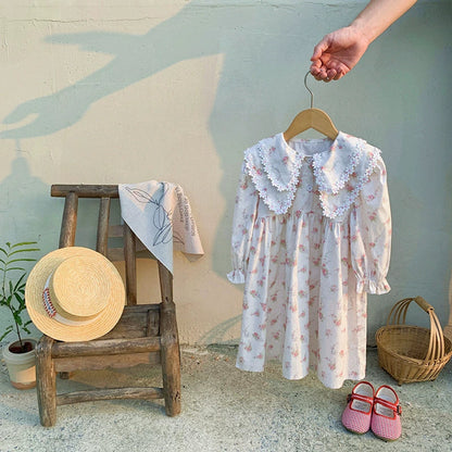 MyKids-USA® Baby Kids Girls Floral Pattern Long Sleeves Dress with Double-Layer Collar