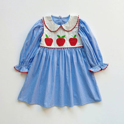 Autumn Arrival Baby Kids Girls Apples Pattern Long Sleeves Striped Dress