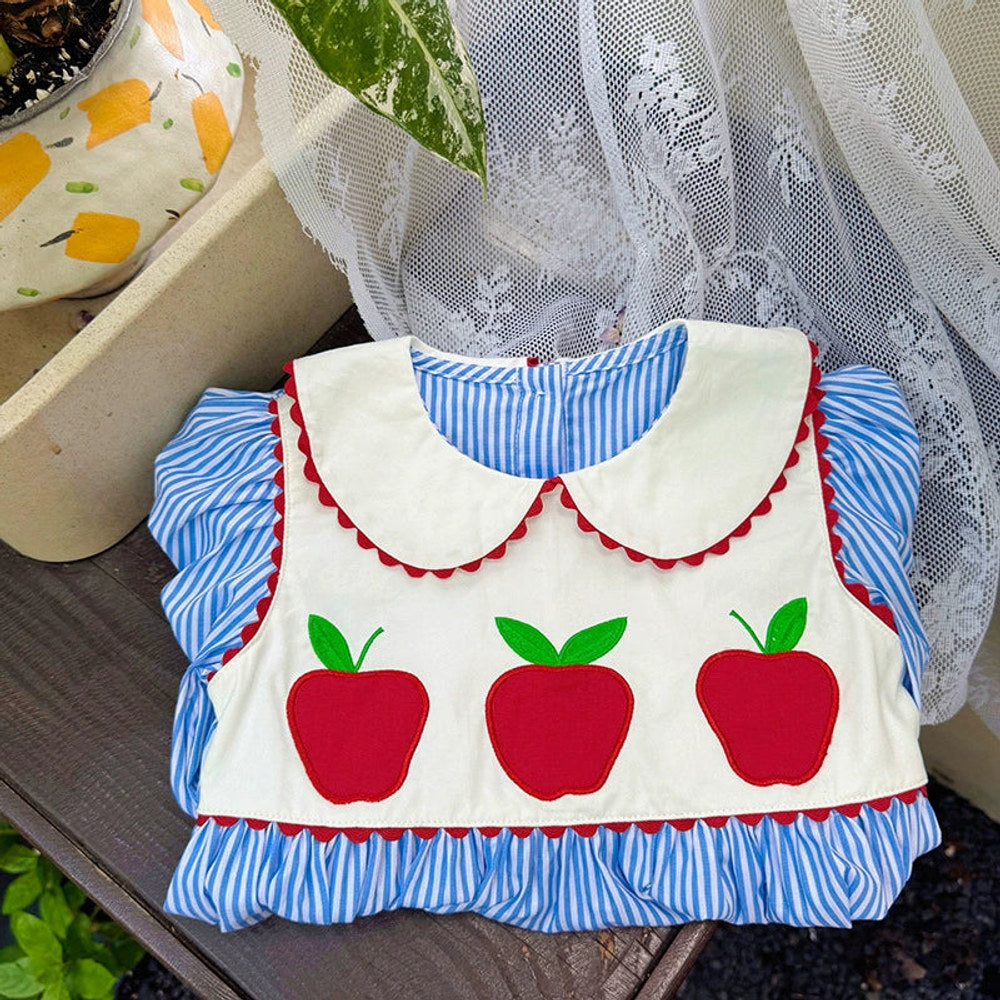 Autumn Arrival Baby Kids Girls Apples Pattern Long Sleeves Striped Dress