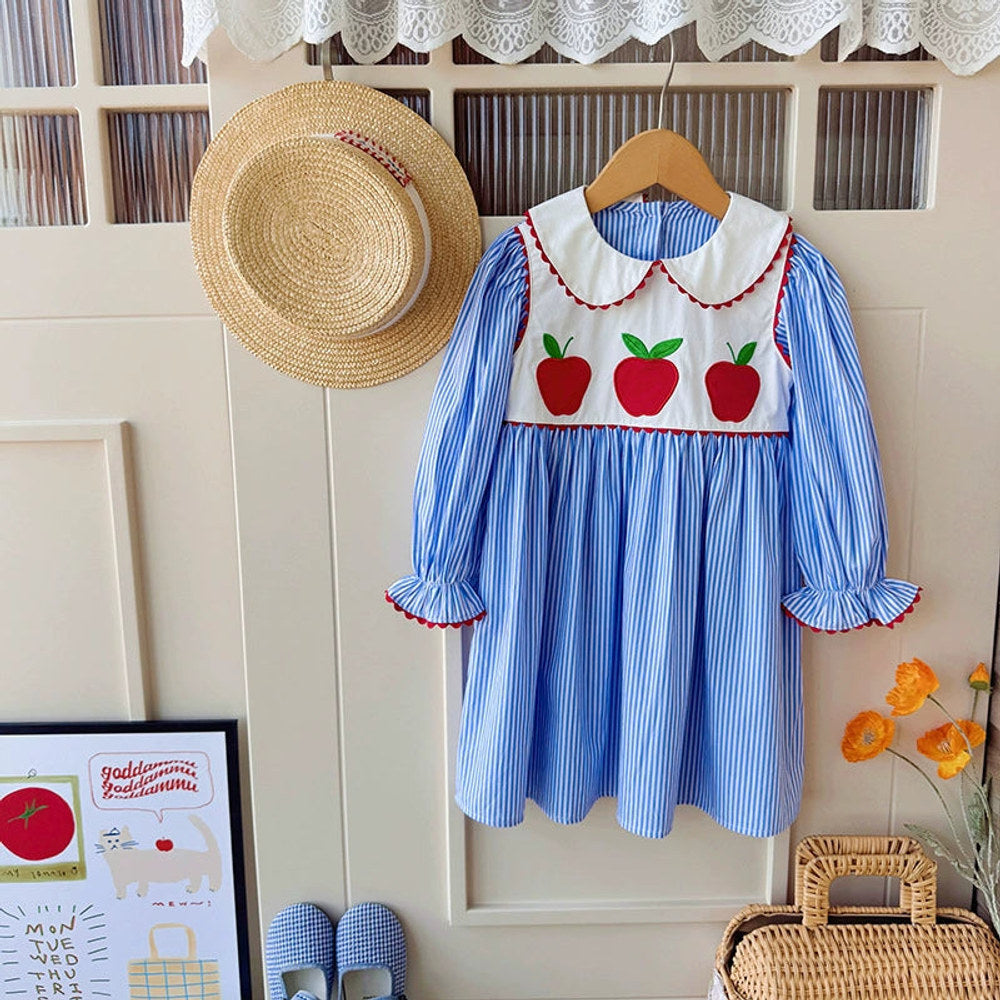 Autumn Arrival Baby Kids Girls Apples Pattern Long Sleeves Striped Dress