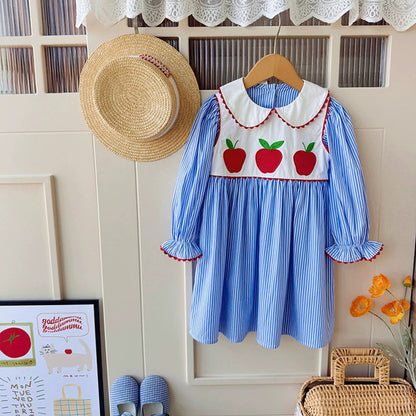 Autumn Arrival Baby Kids Girls Apples Pattern Long Sleeves Striped Dress