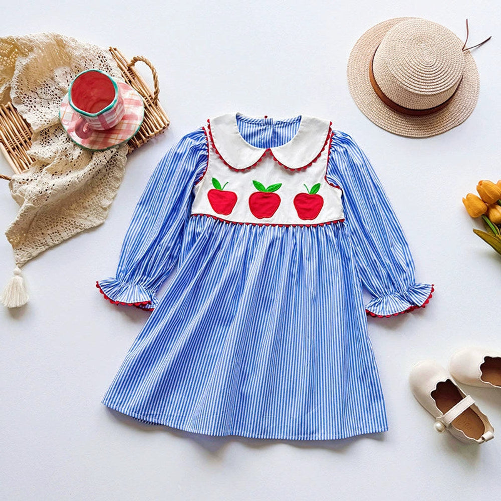 Autumn Arrival Baby Kids Girls Apples Pattern Long Sleeves Striped Dress