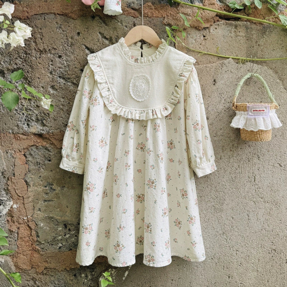 Autumn Arrival Baby Kids Girls Floral Pattern Long Sleeves Ruffle Neck Dress