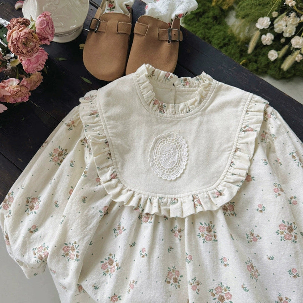 Autumn Arrival Baby Kids Girls Floral Pattern Long Sleeves Ruffle Neck Dress