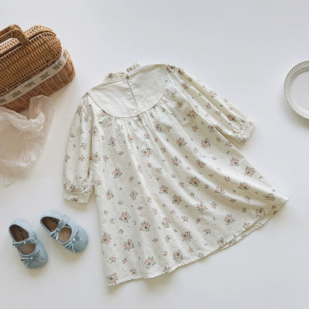 Autumn Arrival Baby Kids Girls Floral Pattern Long Sleeves Ruffle Neck Dress