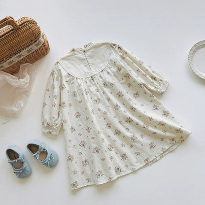 Autumn Arrival Baby Kids Girls Floral Pattern Long Sleeves Ruffle Neck Dress