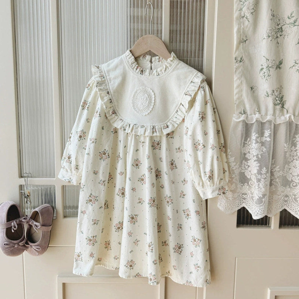 Autumn Arrival Baby Kids Girls Floral Pattern Long Sleeves Ruffle Neck Dress