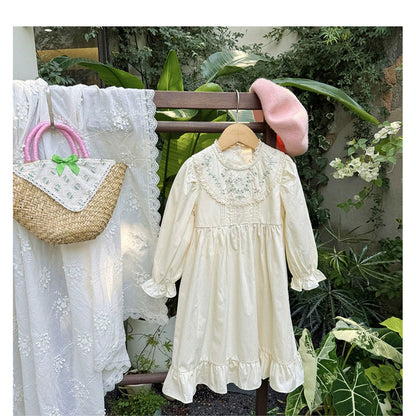 Autumn Arrival Baby Kids Girls Flowers Embroidery Pattern Long Sleeves Dress