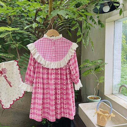 MyKids-USA® Baby Kids Girls Cartoon Teddy Bear Pattern Long Sleeves Plaid Dress